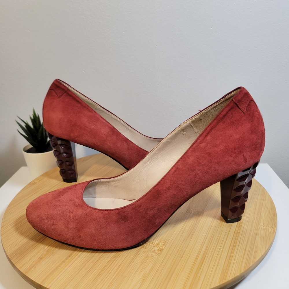 TARYN ROSE Italian suede textured spike cone heel slip on almond toe pumps